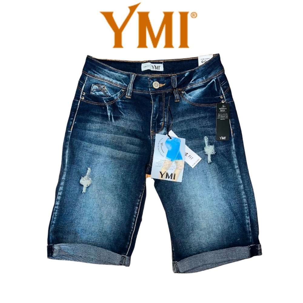 YMI Curvy Mid Rise Bermuda Distressed Denim Shorts